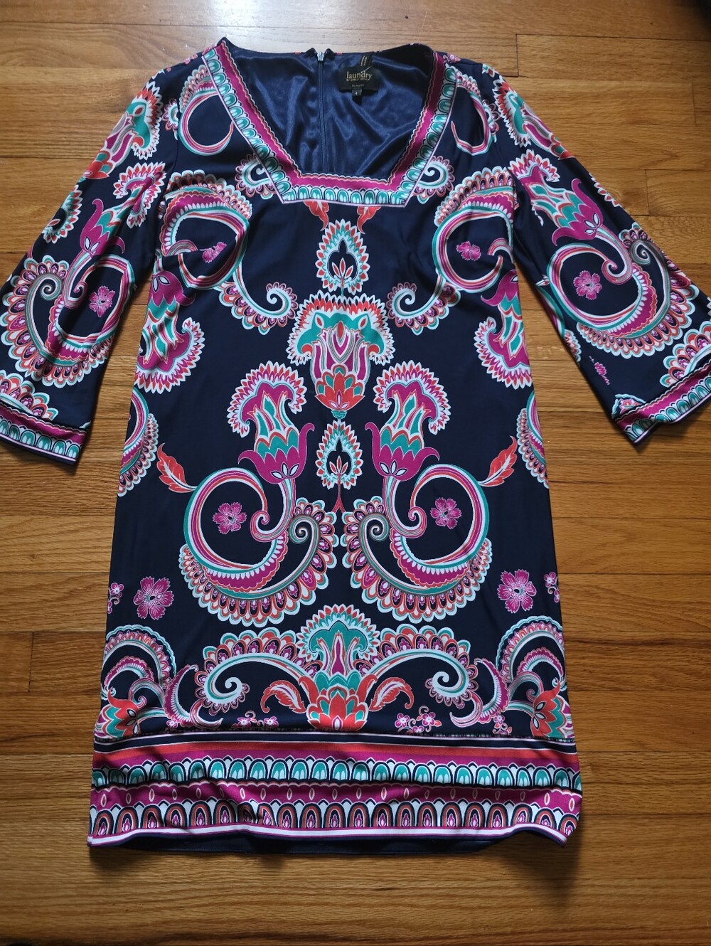 Laundry By SHelli Segal Navy Paisley Print  Sleeve Dress Sz 4 - Picture 2 of 10
